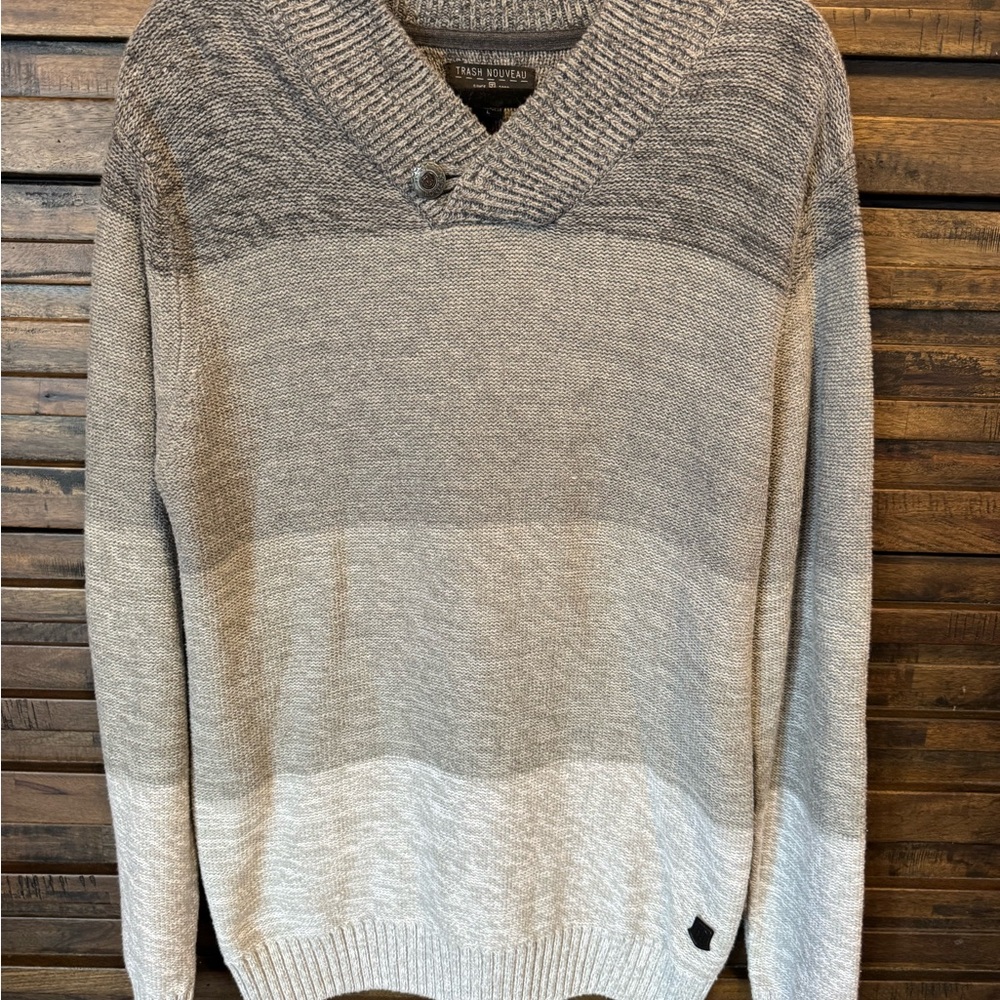 Trash Nouveau Knit Pullover Sweater Shawl Neck Mens LRG Striped Multi Color Grey